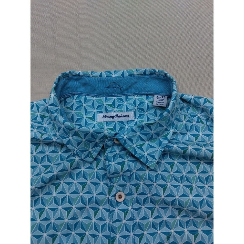 Tommy Bahama Button Up Silk Blend Shirt Mens XL Blue Geometric Pint Short Sleeve